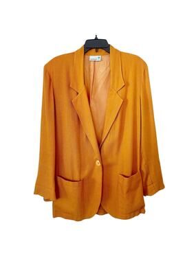 Vintage Danielle B Orange Lined Linen Blazer One-Button Jacket Artsy Size 12-14